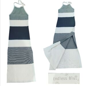 Endless Blu Striped Midi Dress Cream/Olive  With Side Opening Size S